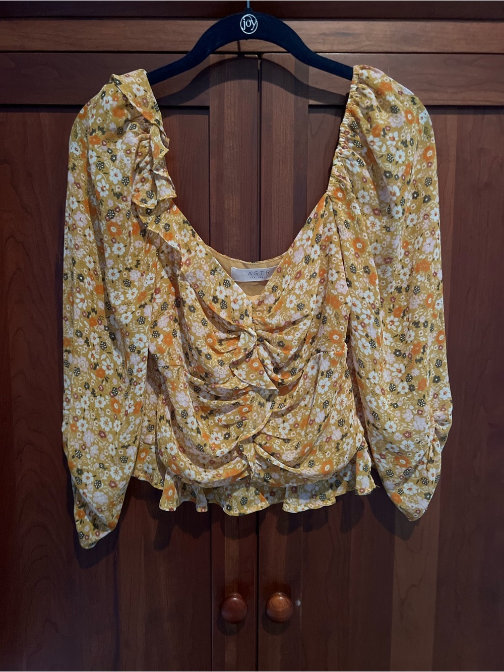 Astr Mustard Yellow Floral Ruffle Ruched Blouse